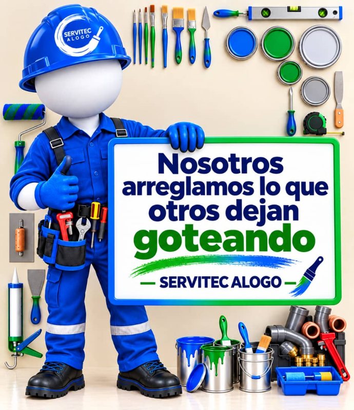 Mascota de Servitec Alogo con el lema: Nosotros arreglamos lo que otros dejan goteando